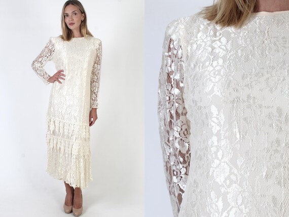 Vintage 1980s Sheer Lace Wedding Dress