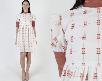 High Waisted 60s Babydoll Dress, Mod Micro Mini Checker Print, Mid Century Go Go Embroidered Frock