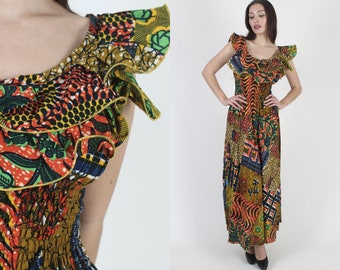 Robe maxi tribale africaine / Patchwork Floral Birds Print / vintage 80s Smocked Elastic Bust / Colorful Floor Length Safari Long Dress