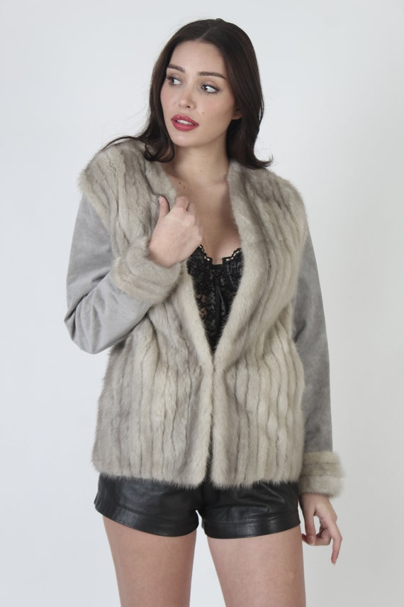 Casual Silver Mink Fur Cropped Jacket With Pocket… - image 2