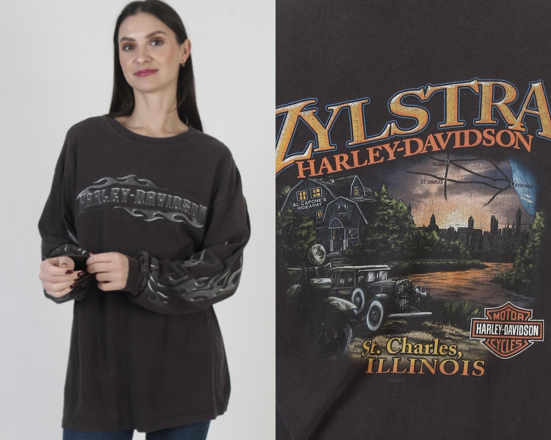 Harley Davidson Long Sleeve Flame T-shirt, Double Sided Motorcycle