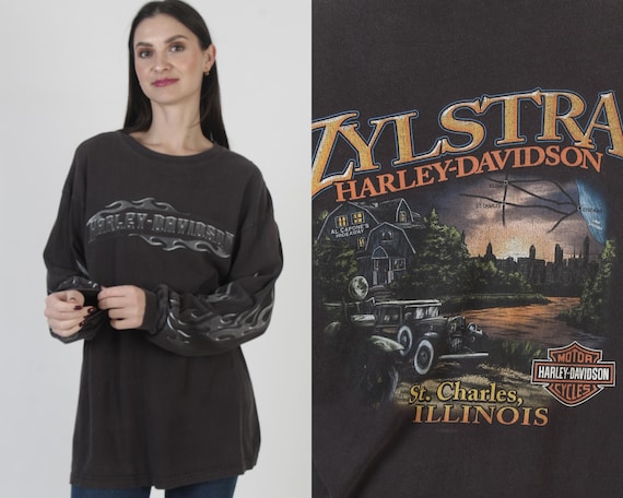 Harley Davidson Long Sleeve Flame T-shirt, Double Sided Motorcycle