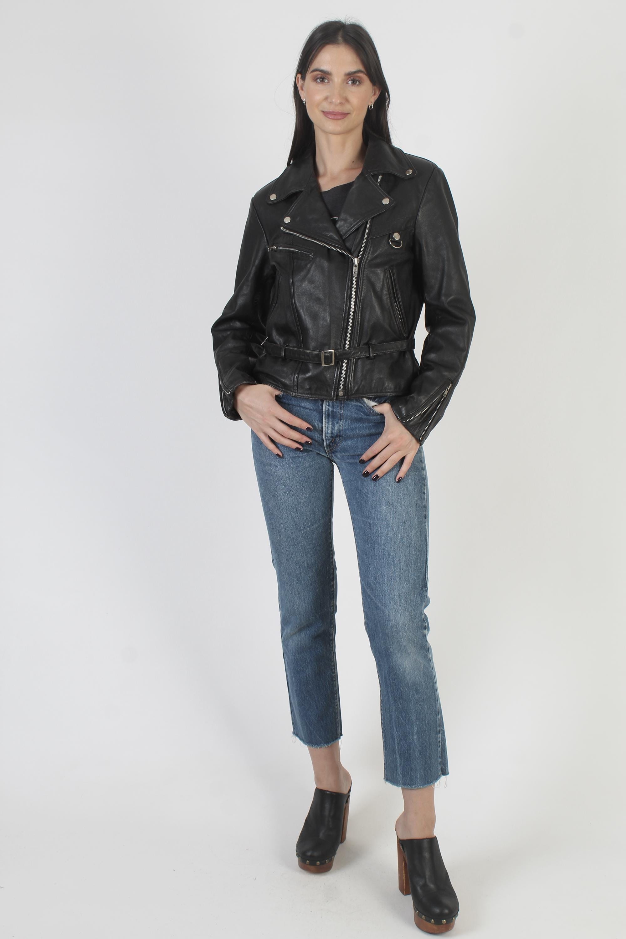 Black Leather Motorcycle Jacket, Cropped Asym Zipper, Vintage