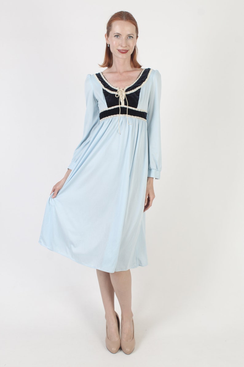 Navy Velvet Corset Dress Vintage 70s Plain Blue Bohemian Midi Waist Sash Medieval Times Festival Outfit image 3