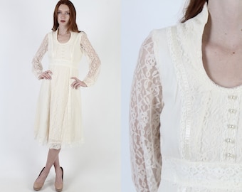 70s Prairie Wedding Dress, Sheer Ivory Floral Lace, Bohemian Garden Mini Gown