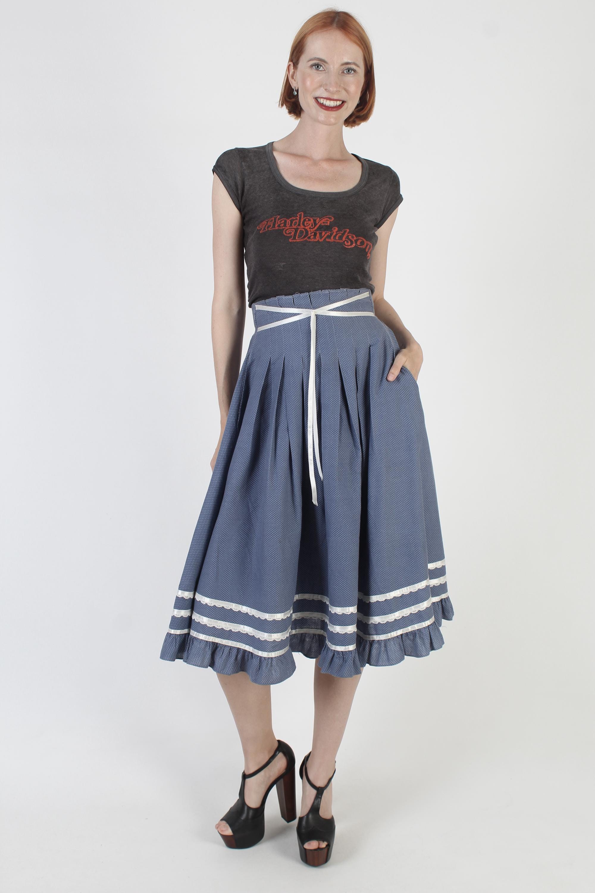 Swiss Dot Gunne Sax Skirt With Pockets, 70s Tiered Floral Country 