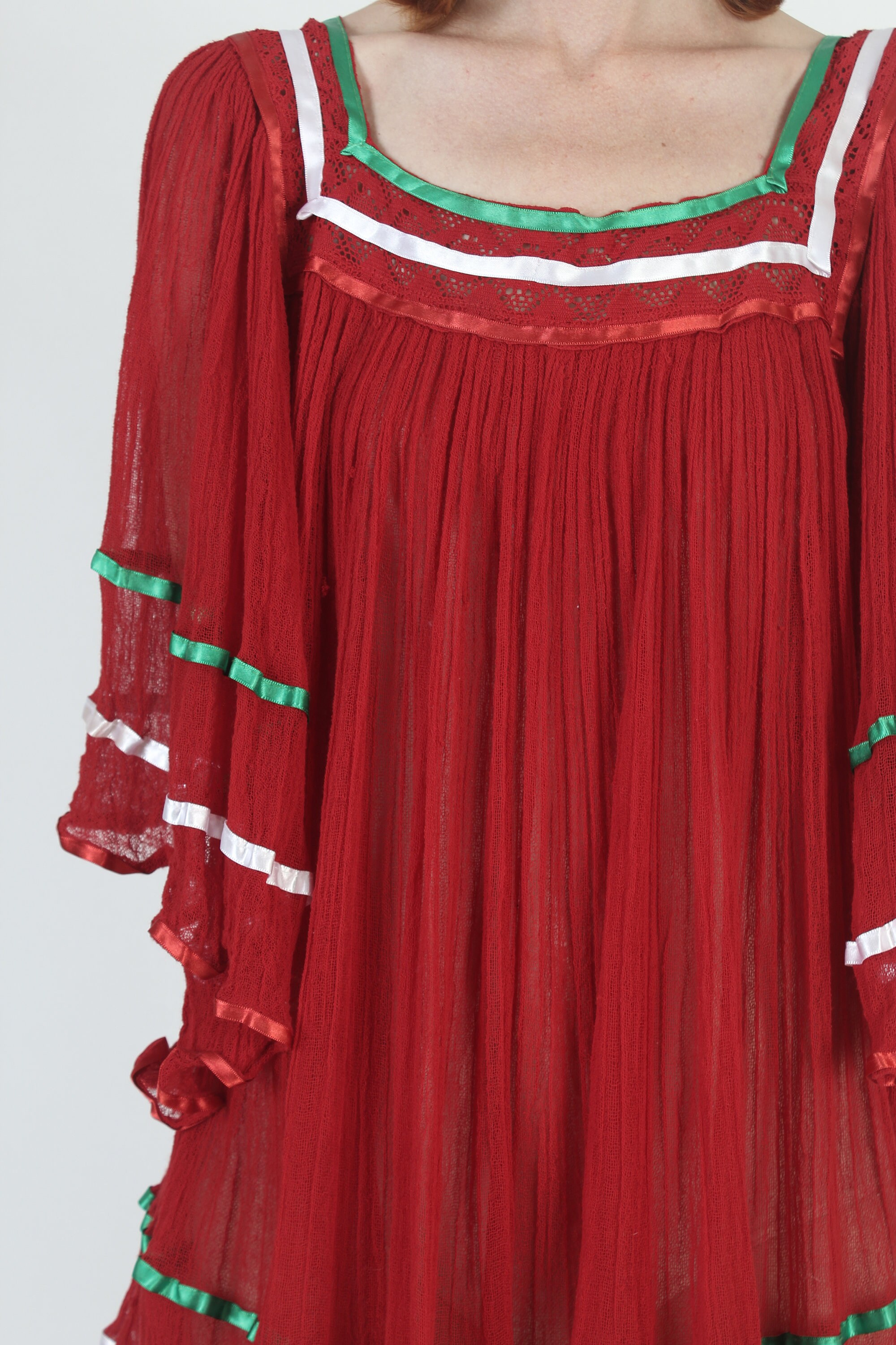 Red Mexican Gauze Micro Mini Dress Lightweight Thin Kimono Bell Sleeves Vintage Crochet Lace Angel Top Etsy Canada