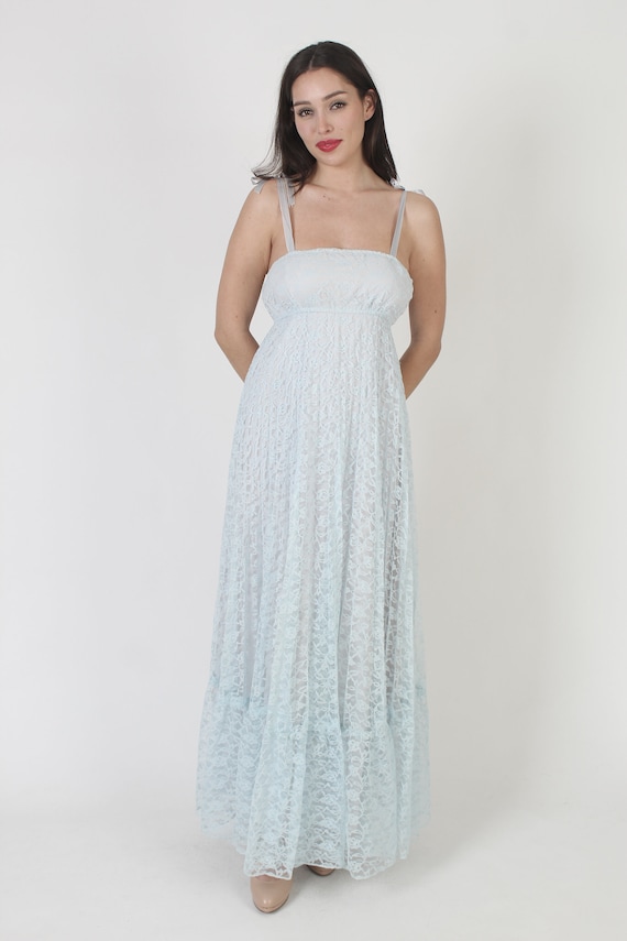 All Over Lace Shoulder Tie Wedding Dress, 70s Lon… - image 5