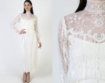 Dance Allure White Victorian Dress Vintage High Neckline Edwardian Gown 70s Sheer Lace Wedding Outfit