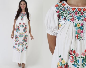 White Womens Mexican Maxi Dress Vintage Heavily Hand Embroidered Cover Up Floral Puebla Cotton Puff Sleeve Long Sundress