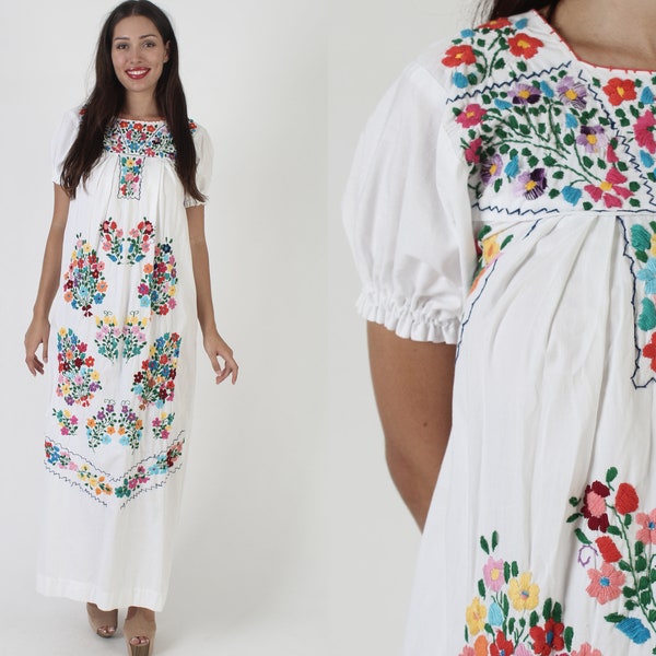 White Womens Mexican Maxi Dress Vintage Heavily Hand Embroidered Cover Up Floral Puebla Cotton Puff Sleeve Long Sundress