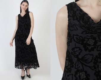 Black Velvet Burnout Dress, Y2K Long Sundress, Womens 2000s Silk, Eva Blue Slip Gown