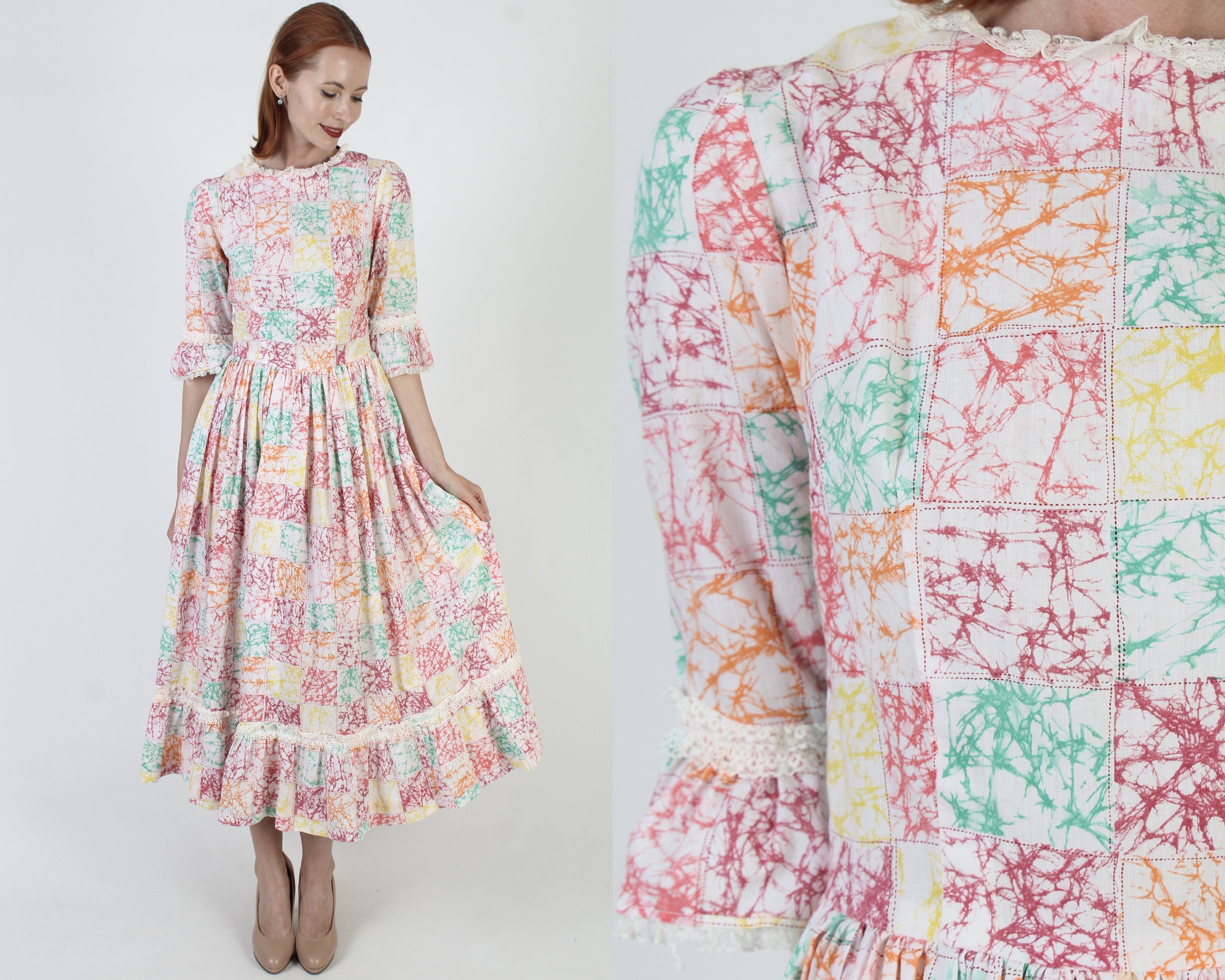 Watercolor Americana Dress Geometric Ruffle Sleeve Work Maxi Vintage 70s Country Picnic Outfit