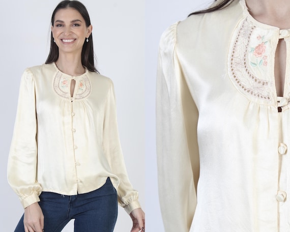 Vintage Gunne Sax Blouse, Cream Embroidered Satin… - image 1