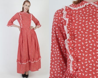 Colonial Style Southern Belle Dress Vintage Flower Bouquet Print Material Victorian Bell Sleeves Western Saloon Inspired Maxi