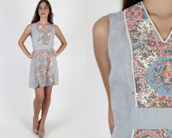 Vintage 70s Homespun Toile Dress / Romantic Floral