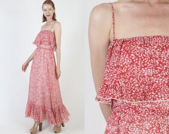 Red Calico Floral Long Sundress Picnic Style Country Maxi Dress Matching Belt Vintage 70s Thin Spaghetti Straps
