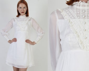 60s White Lace Wedding Dress, Bridal Party Sheer Puff Sleeves, Vintage Solid Color Plain Mini Gown