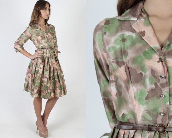 Vintage 50s Watercolor Print Dress / Pastel Abstra