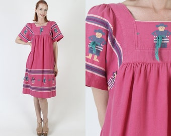 Pink Guatemalan Tent Dress Aztec Print Bell Sleeves Vintage Cotton Mexican Villager Print Embroidered Woven Midi