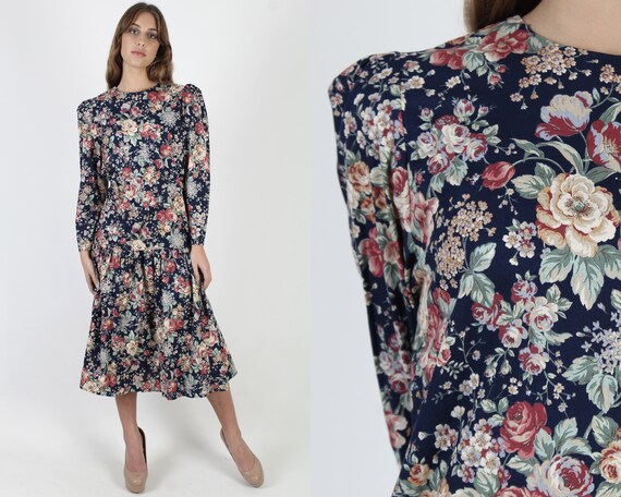 Navy Garden Floral Maxi Dress / Vintage 80s Prairi