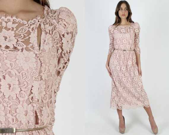 Blush Pink All Lace Dress / Vintage 80s Sheer Scal