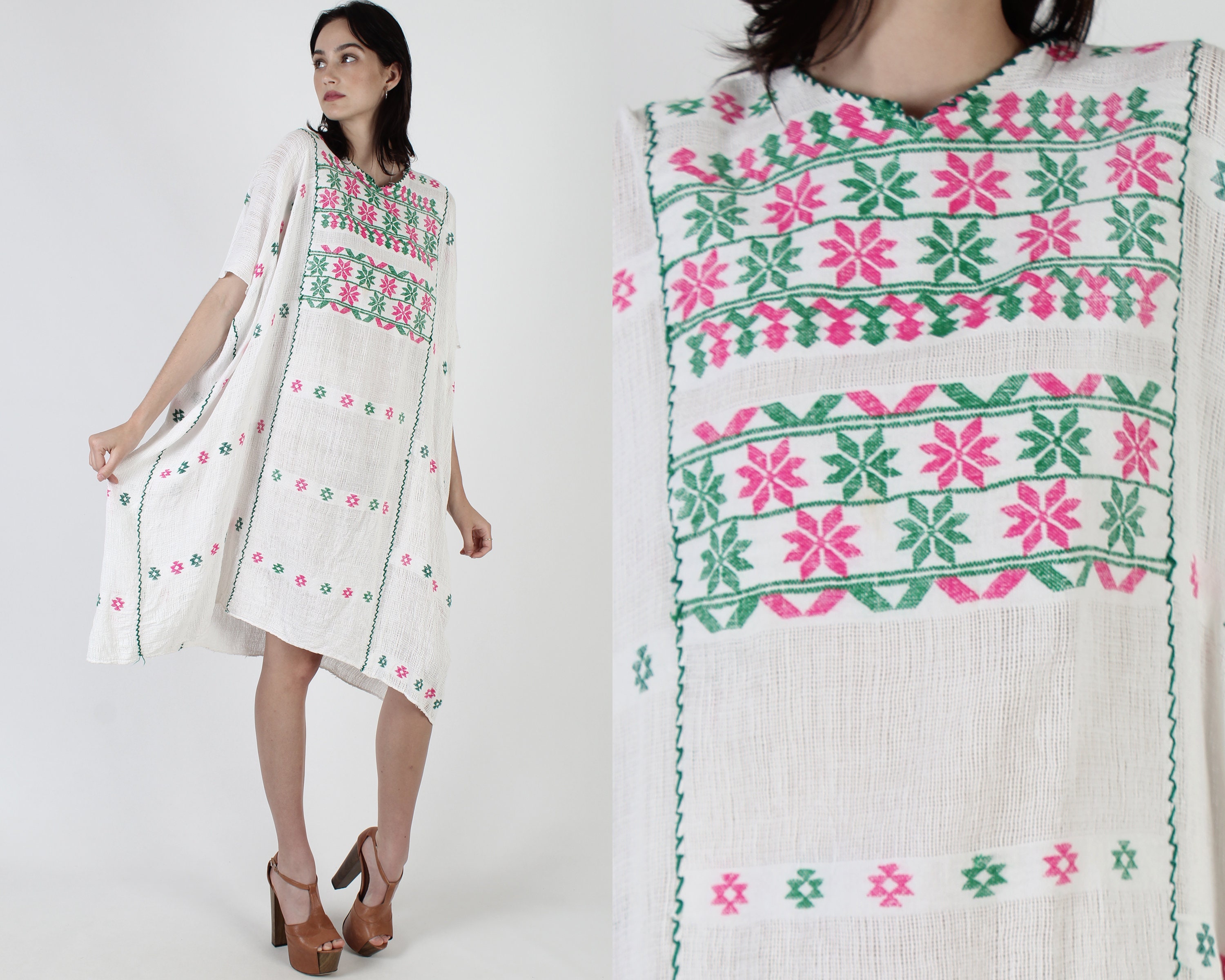 Thin White Mexican Caftan Dress / 70s 