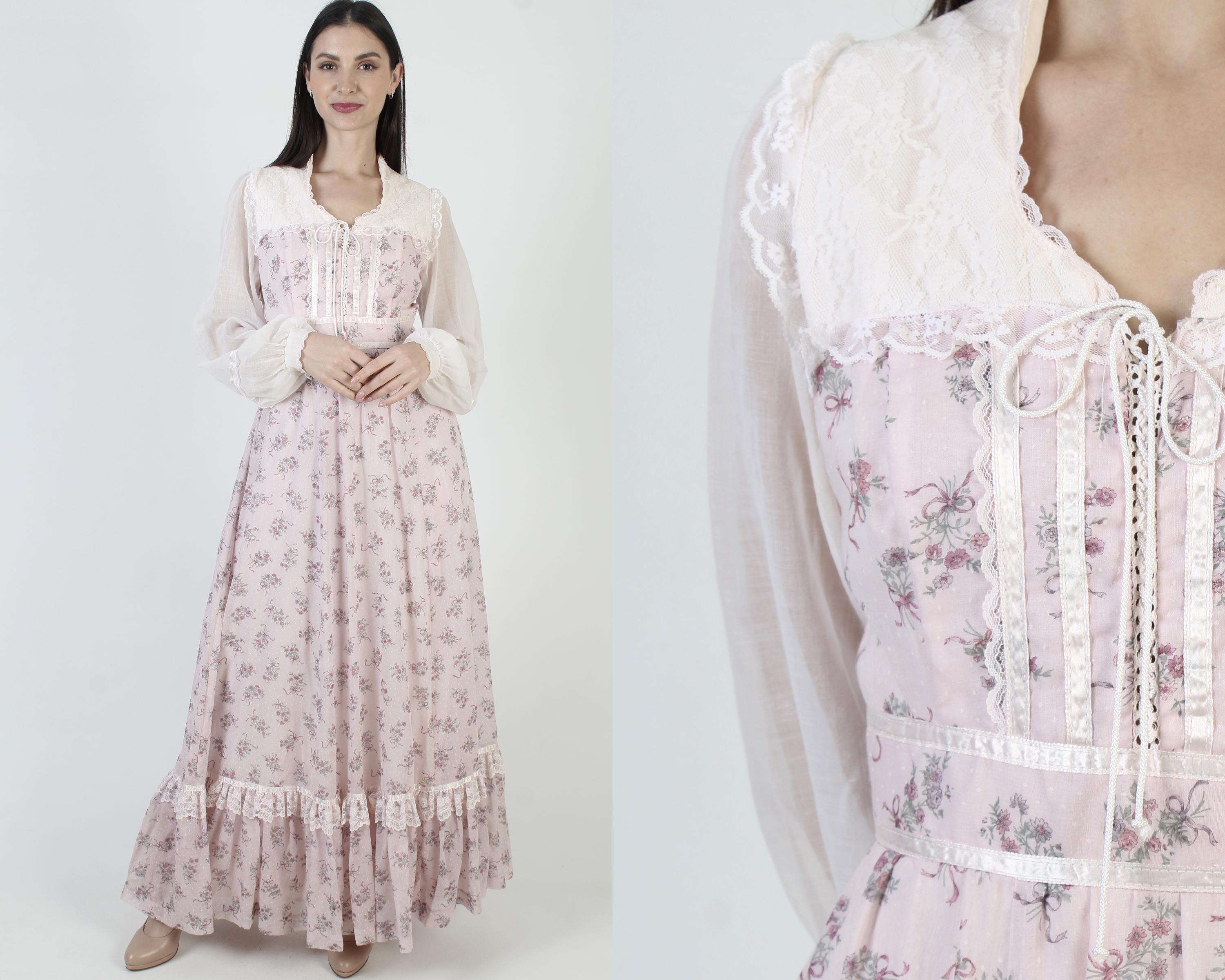 Gunne Sax Size 11 Dress, Swiss Dot Print, Vintage Jessica McClintock, Prairiecore Corset