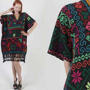 Mexican Birds Caftan, Hand Embroidered Dress, Black Guatemalan Kaftan, Vintage Fringe Cover Up