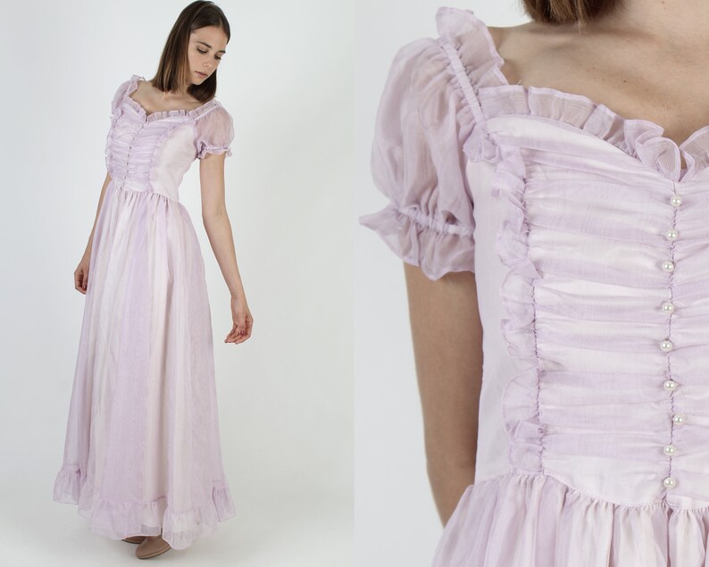 Violet Jessica McClintock Victorian Dress / Vintage 80s Gunne Sax Prom Dress / Purple Chiffon Fairytale Princess Gown Maxi Dress 