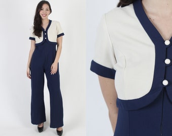 70s Navy Disco Utility Jumpsuit, Vintage Solid Coverall Lounge Suit, 1970's Bell Bottom Palazzo Playsuit