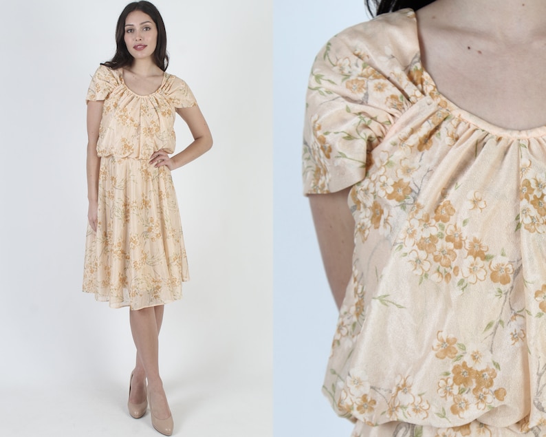 Vintage 70s Garden Floral Dress / Apricot Day Party Cap Sleeve Mini / Elastic Gathered Smocked Waist / Peach Boho Casual Midi Dress image 1