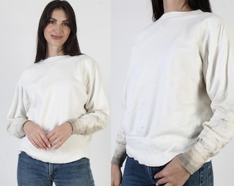Witte effen sweater, vintage jaren 50 ronde hals, enkele V-hals, jaren 60 effen trui