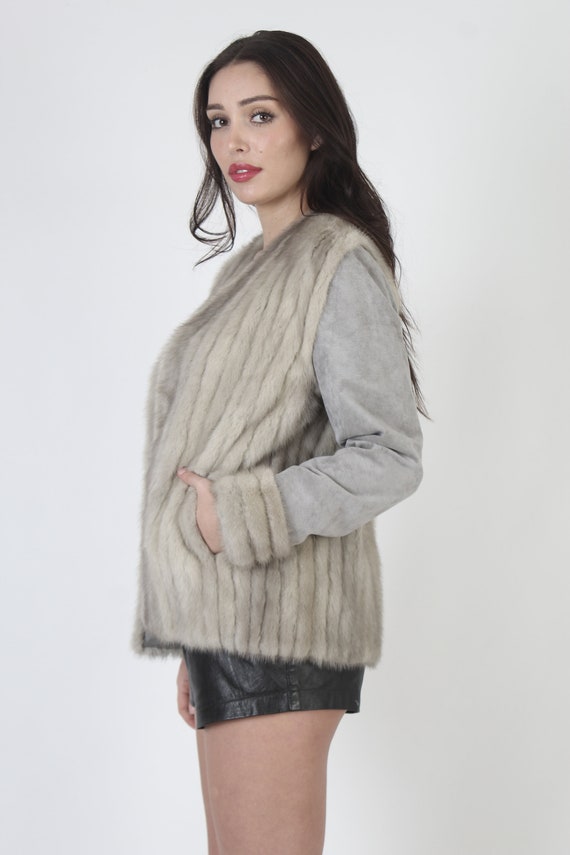 Casual Silver Mink Fur Cropped Jacket With Pocket… - image 3