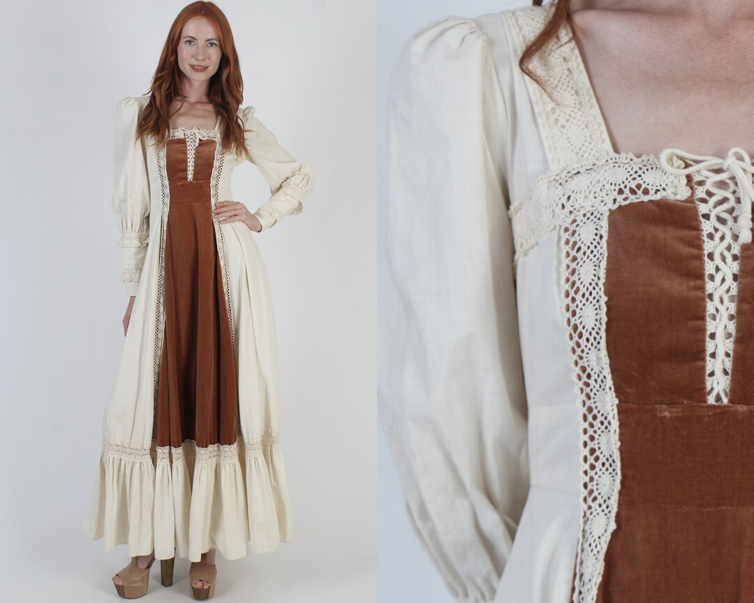 Gunne Sax Brown Velvet Maxi Dress Vintage 70s Cottagecore Corset Gown ...