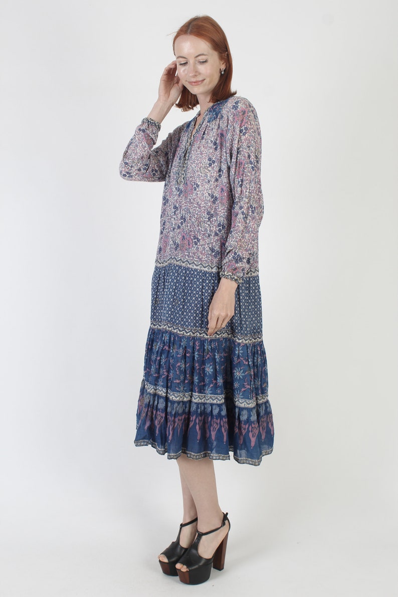 Authentic Kaiser Brand India Guaze Dress / Thin Purple Floral Block Print Cotton / Ethnic Sheer Summer Midi Size S image 4