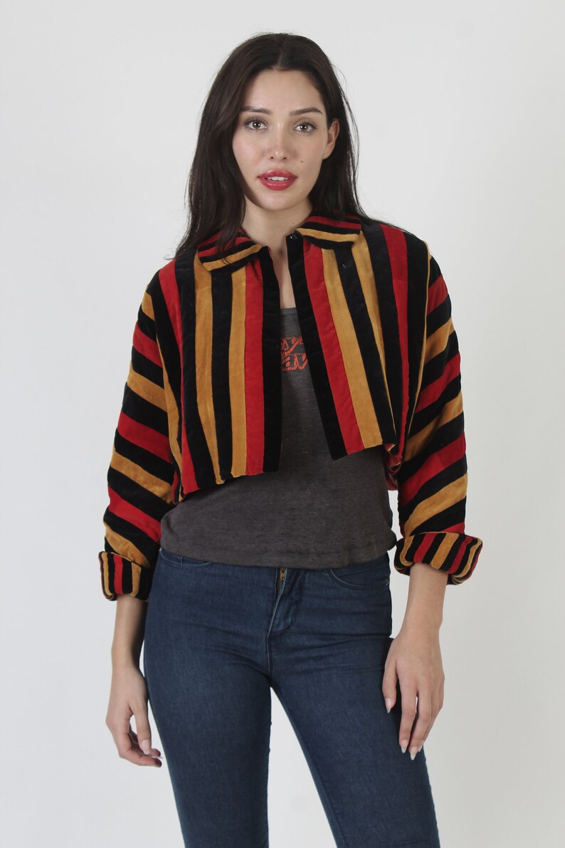 Cropped Velvet Striped Bolero Jacket, Matador Style Vertical Lined Coat, Vintage Geometric Peter Pan Collar Overcoat image 2