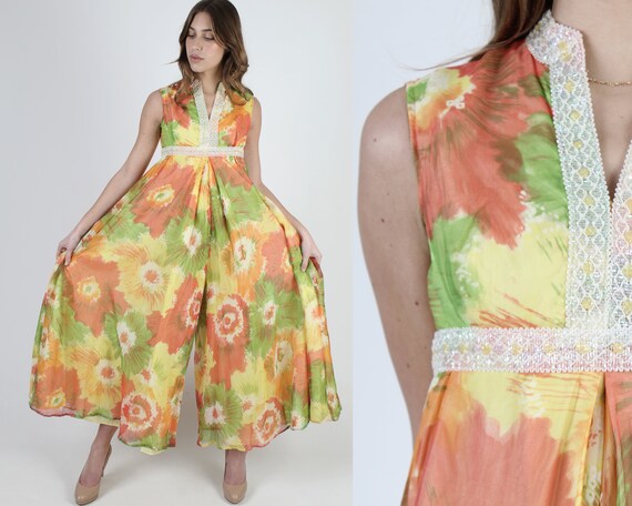Wide Leg Palazzo Pants / 70s Mod Palazzo Jumpsuit