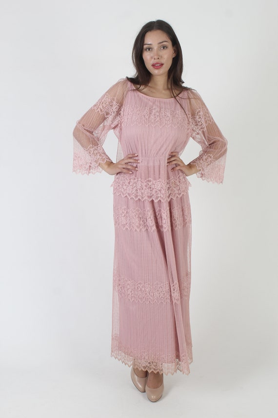 70s Pink Lace Maxi Dress: Sheer Floral Bell Sleeve Gown