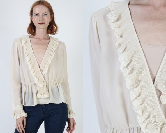 Low Cut off White Sheer Blouse, Vintage 80s Light Weight See
