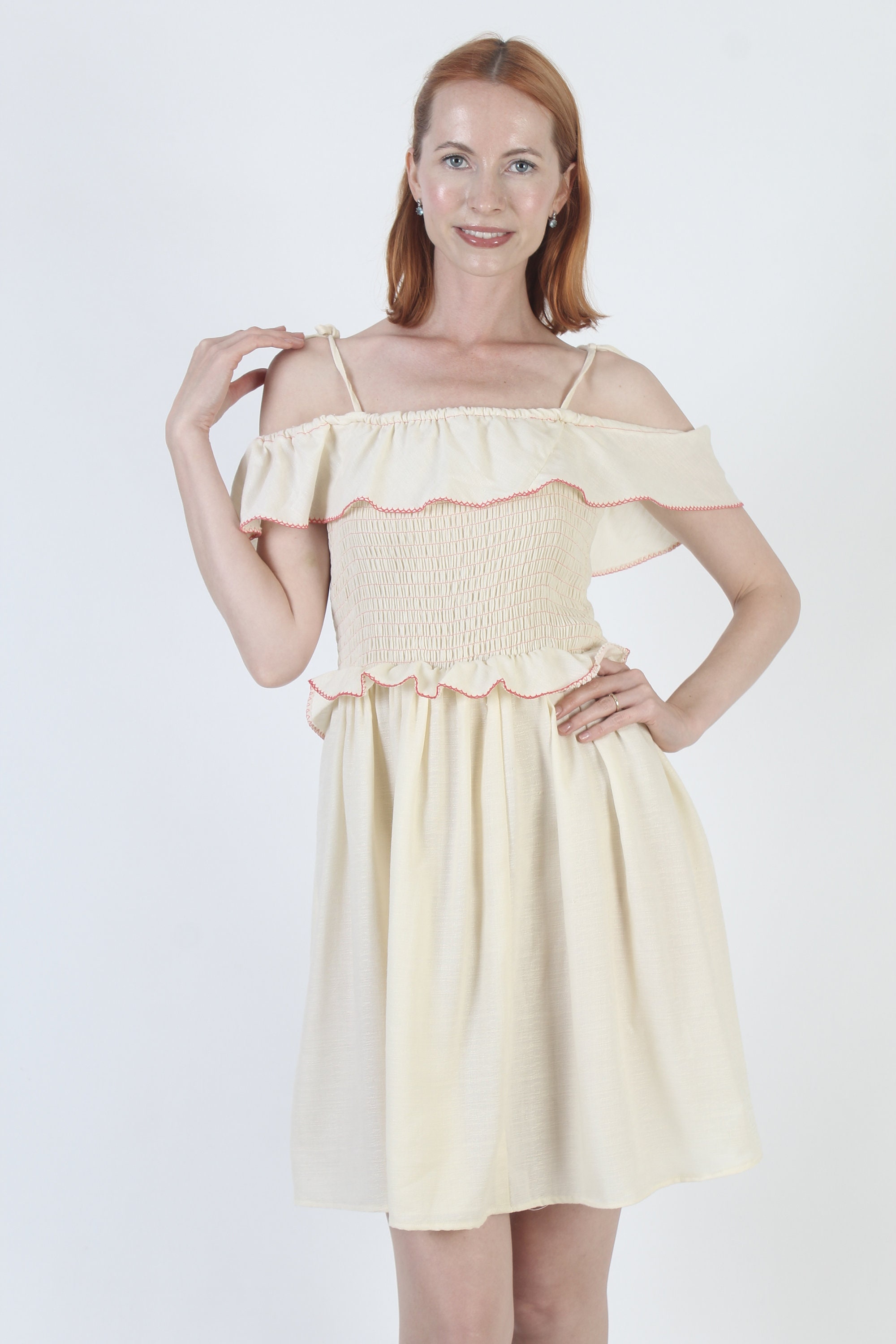 Cream Shoulder Tie Smocked Dress Ruffle Elastic Stretchy