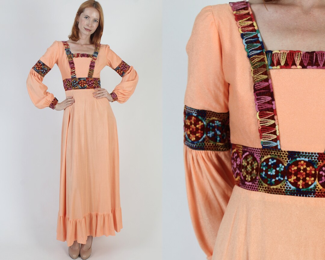 Embroidered Renaissance Fair Dress, Boho Wedding Gown, 70s Long Peach ...