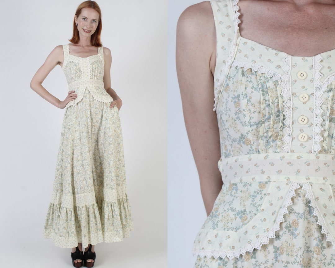 Gunne Sax Calico Floral Peplum Dress, Vintage 70s Cottagecore Prarie ...