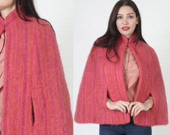 Bright Fuzzy Wool Swing Cape, Vintage 60s Striped Sweater, Colorful Hot Pink Mod Jacket