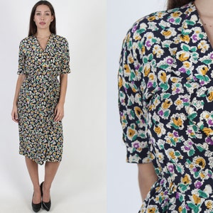 J Tiktiner Cote d'Azur Dress, Navy Silk Bergdorf Goodman Dress, Designer Preppy Floral Wrap Mini Dress image 1