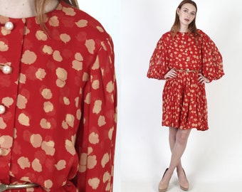 Neiman Marcus Red Silk Dress, Vintage 80s Puff Sleeve Flouncy Balloon Print, Loose Fitting Casual Designer Cocktail Mini Dress