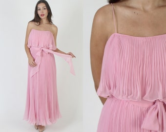 Sheer Hot Pink Miss Elliette Dress / Tiered Layered Sheer Chiffon / Vintage 70s Ruffle Avant Garde / Unique Pleated Bridal Wedding Maxi