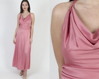Mauve Disco Dancing Dress / Draped Open Back Wrap Dress / Spaghetti Strap Halter Grecian Cocktail Maxi