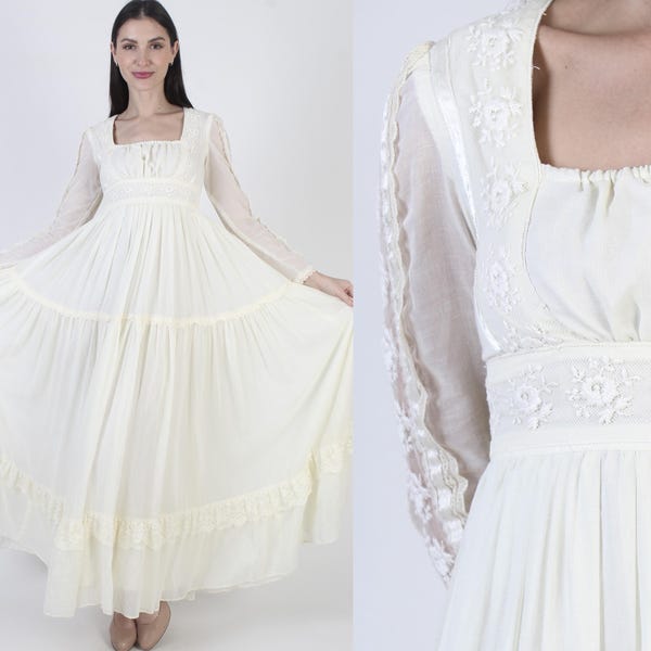 Gunne Sax Dirndl Dress, Sheer Lace Sleeves, Embroidered Empire Waist, Festival Maxi Size 5