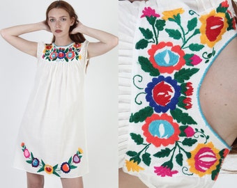 Bright Floral Mexican Summer Dress / Vintage Embroidered CoverUp Dress / Womens Thin White Cotton Mini Sundress